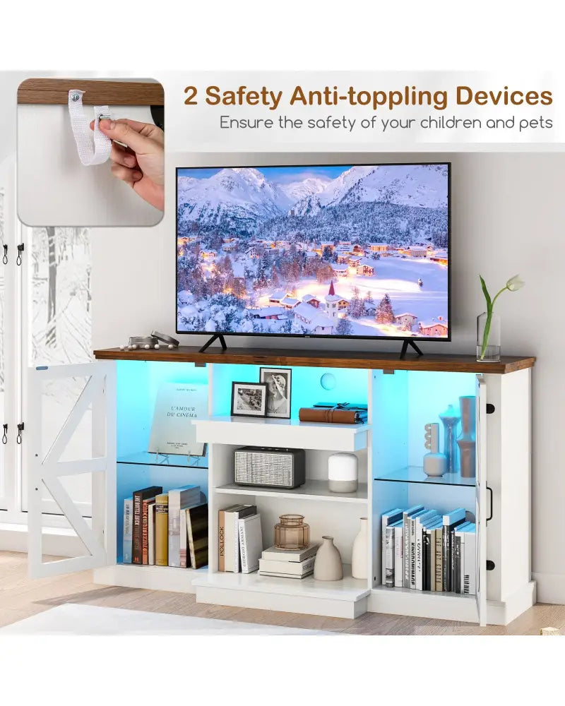 59 Inches Media Console Table with 3-Level Shelves and 22 Dynamic Modes-White - White - Entertainment Centers & TV
