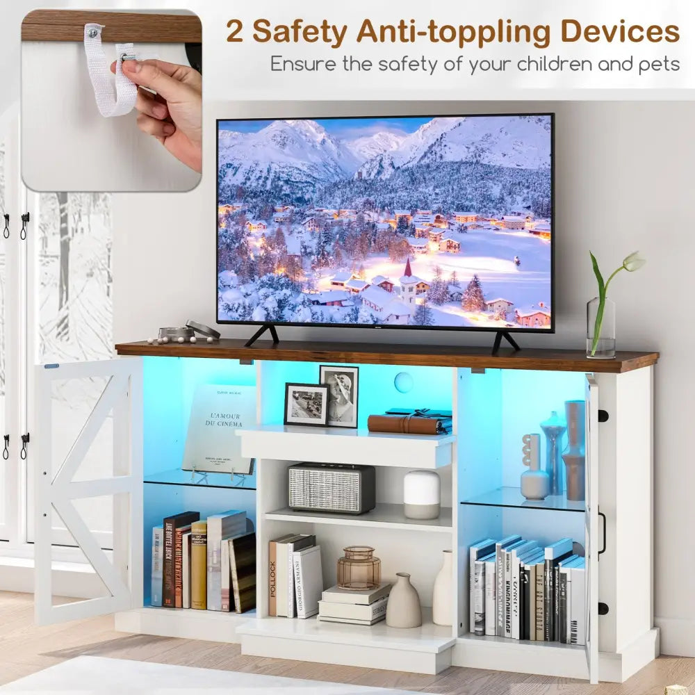 59 Inches Media Console Table with 3-Level Shelves and 22 Dynamic Modes-White - White - Entertainment Centers & TV