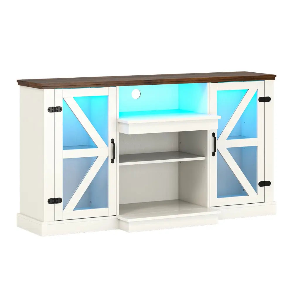59 Inches Media Console Table with 3-Level Shelves and 22 Dynamic Modes-White - White - Entertainment Centers & TV
