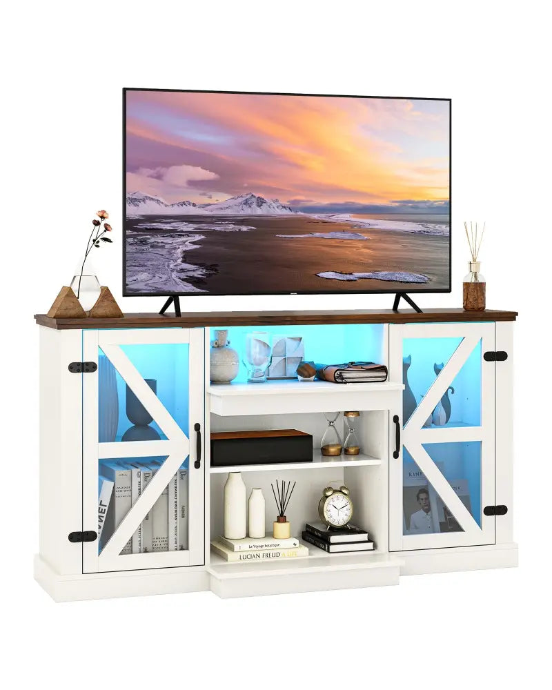 59 Inches Media Console Table with 3-Level Shelves and 22 Dynamic Modes-White - White - Entertainment Centers & TV