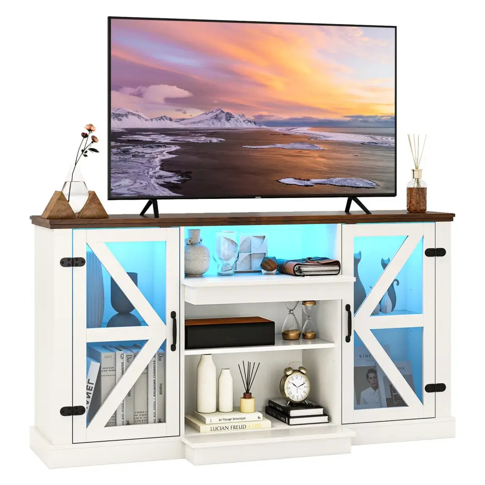 59 Inches Media Console Table with 3-Level Shelves and 22 Dynamic Modes-White - White - Entertainment Centers & TV