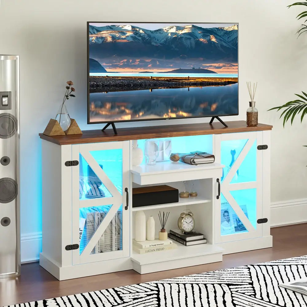 59 Inches Media Console Table with 3-Level Shelves and 22 Dynamic Modes-White - White - Entertainment Centers & TV