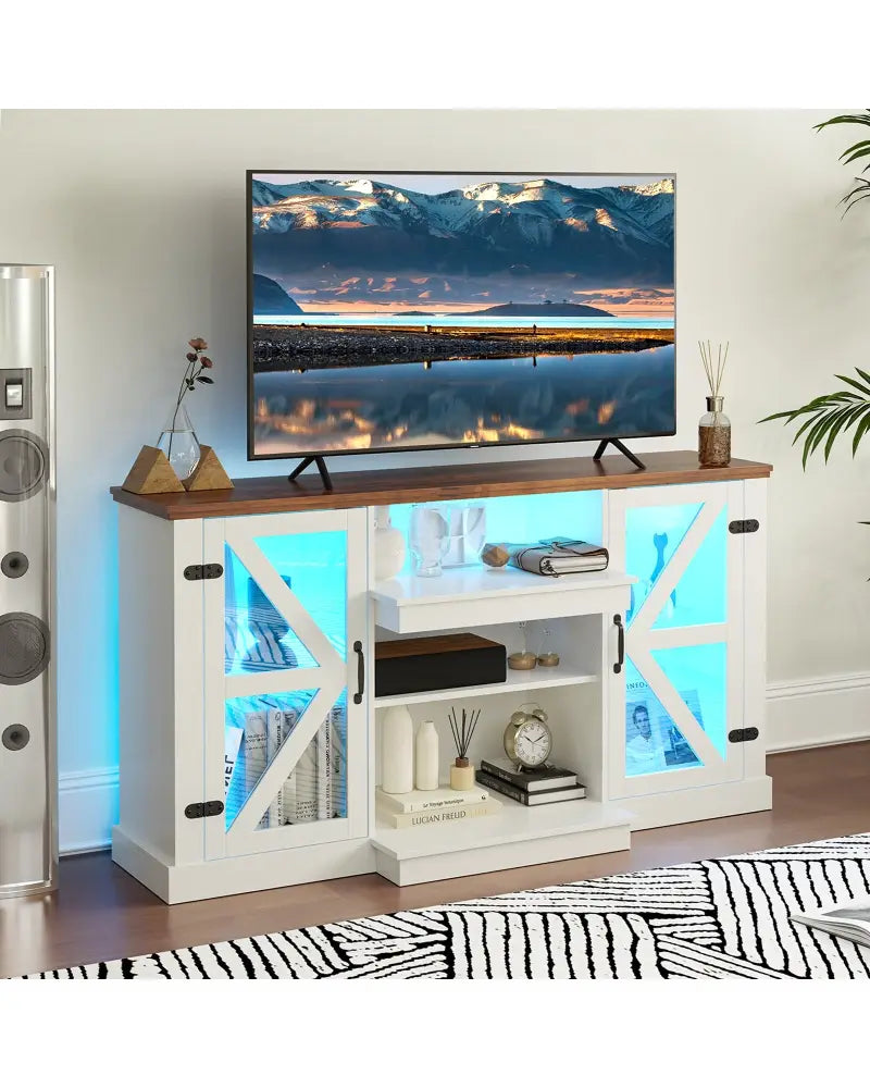 59 Inches Media Console Table with 3-Level Shelves and 22 Dynamic Modes-White - White - Entertainment Centers & TV