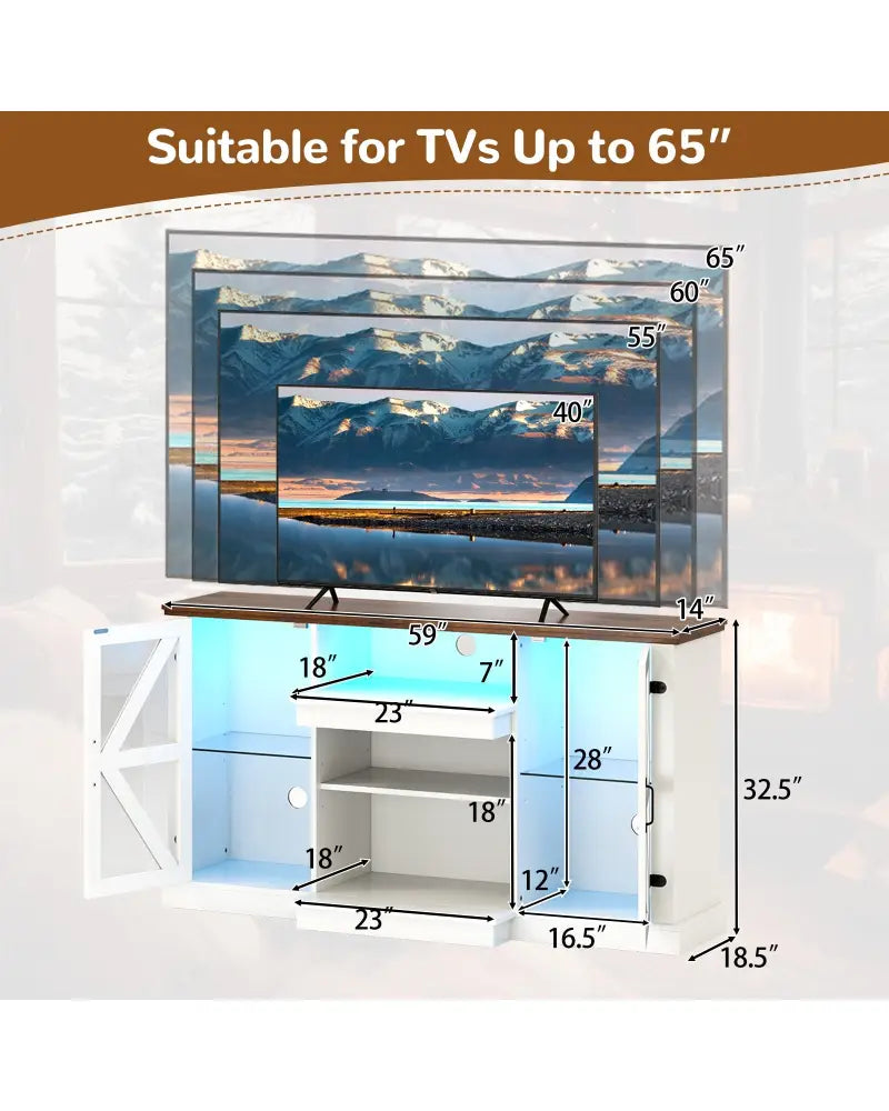 59 Inches Media Console Table with 3-Level Shelves and 22 Dynamic Modes-White - White - Entertainment Centers & TV