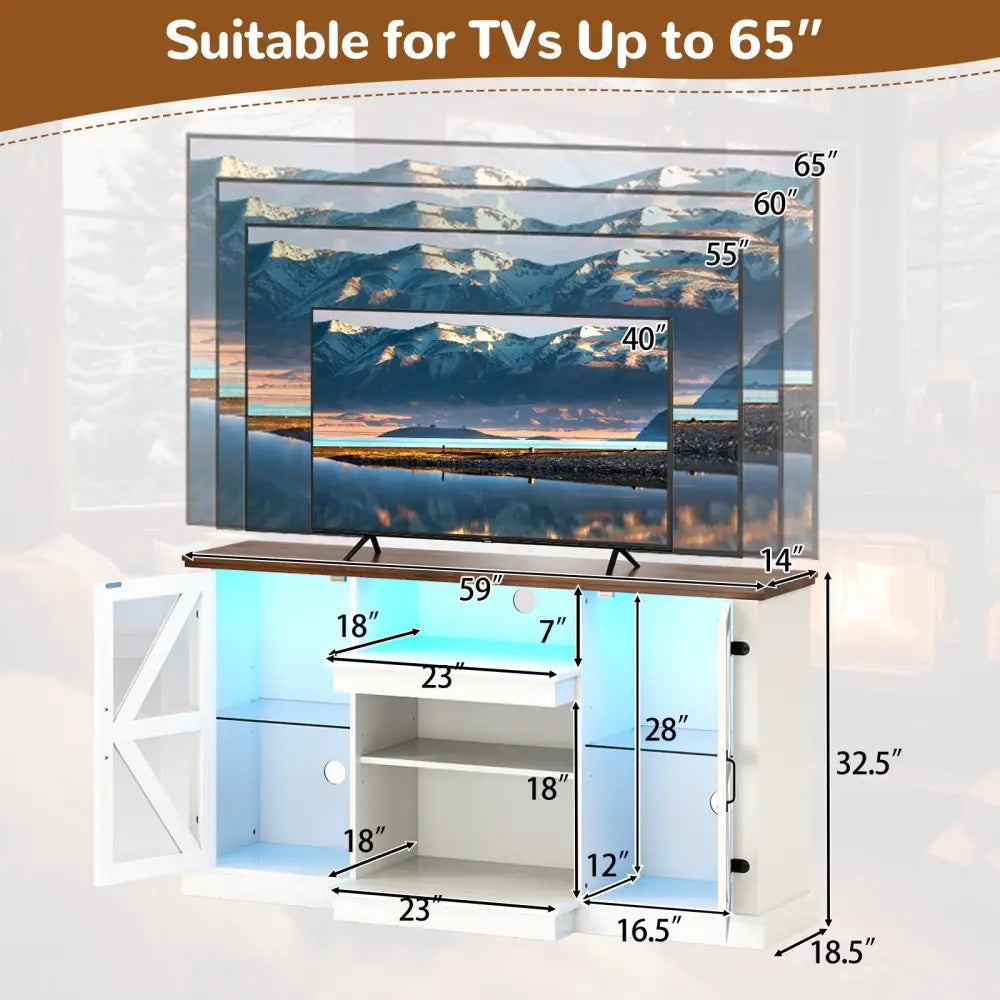 59 Inches Media Console Table with 3-Level Shelves and 22 Dynamic Modes-White - White - Entertainment Centers & TV