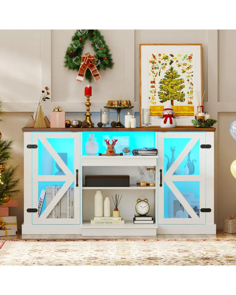 59 Inches Media Console Table with 3-Level Shelves and 22 Dynamic Modes-White - White - Entertainment Centers & TV