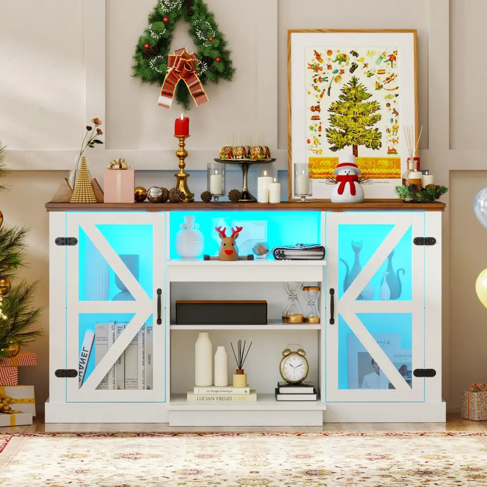 59 Inches Media Console Table with 3-Level Shelves and 22 Dynamic Modes-White - White - Entertainment Centers & TV