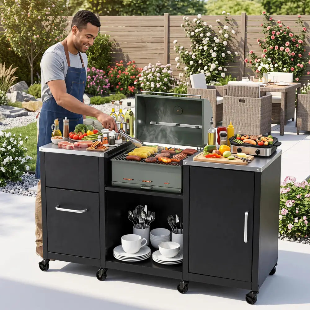 59’’ Outdoor Grill Table with 2 Removable Shelves and Stainless Steel Top-Black - Black - Outdoor Grills