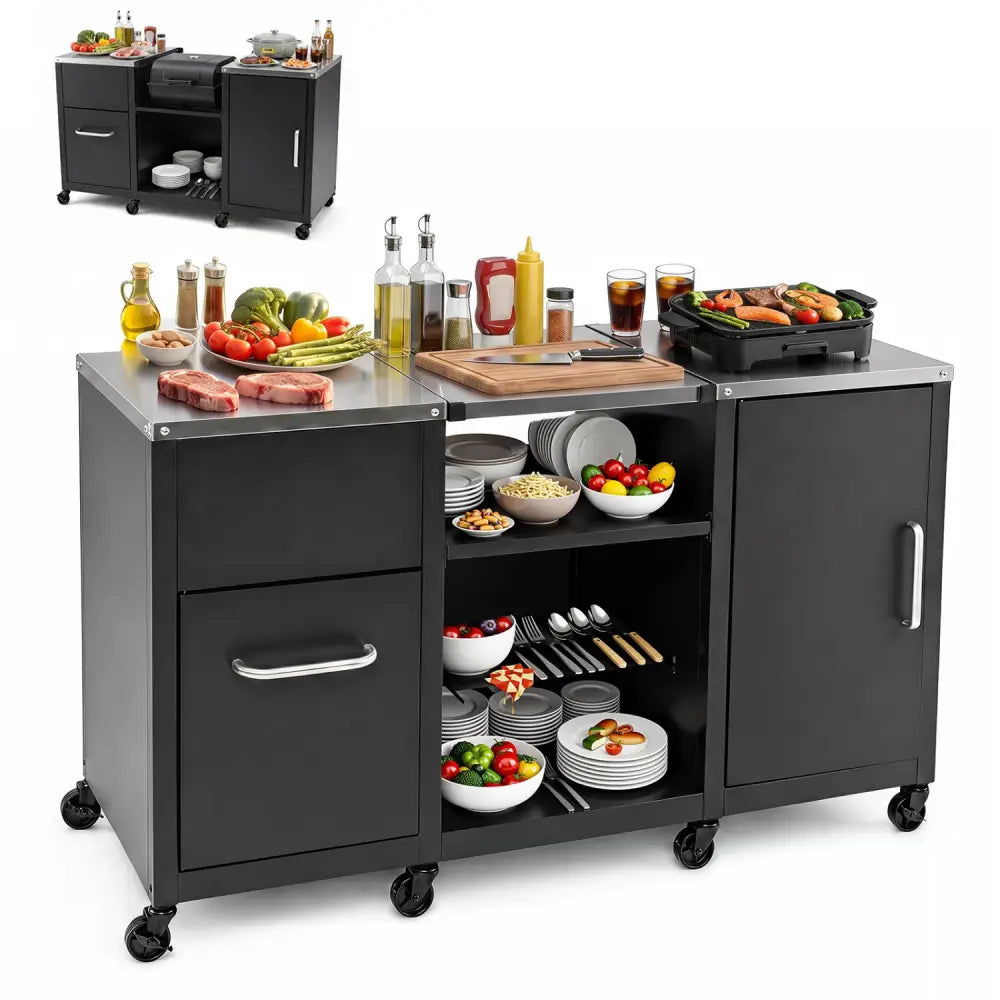 59’’ Outdoor Grill Table with 2 Removable Shelves and Stainless Steel Top-Black - Black - Outdoor Grills