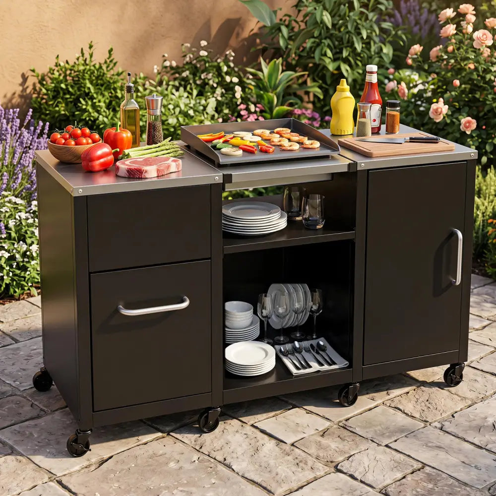 59’’ Outdoor Grill Table with 2 Removable Shelves and Stainless Steel Top-Black - Black - Outdoor Grills