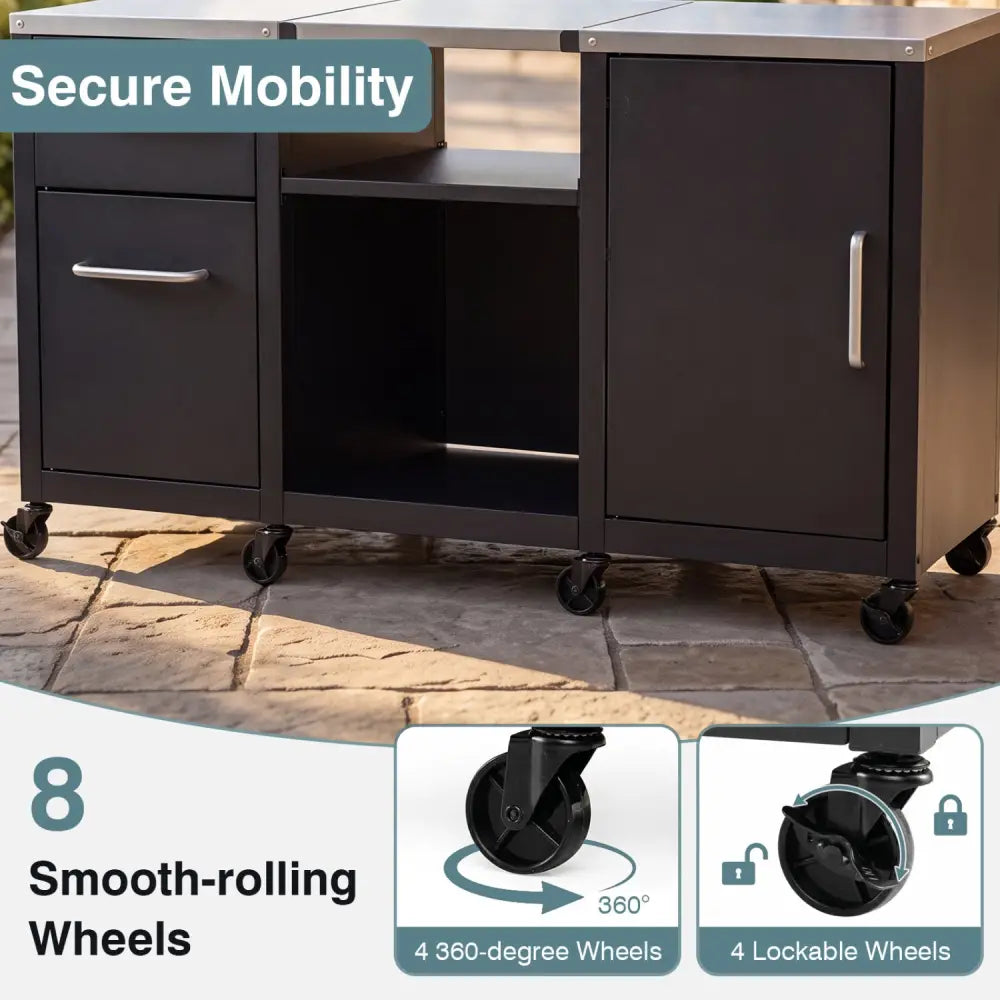 59’’ Outdoor Grill Table with 2 Removable Shelves and Stainless Steel Top-Black - Black - Outdoor Grills