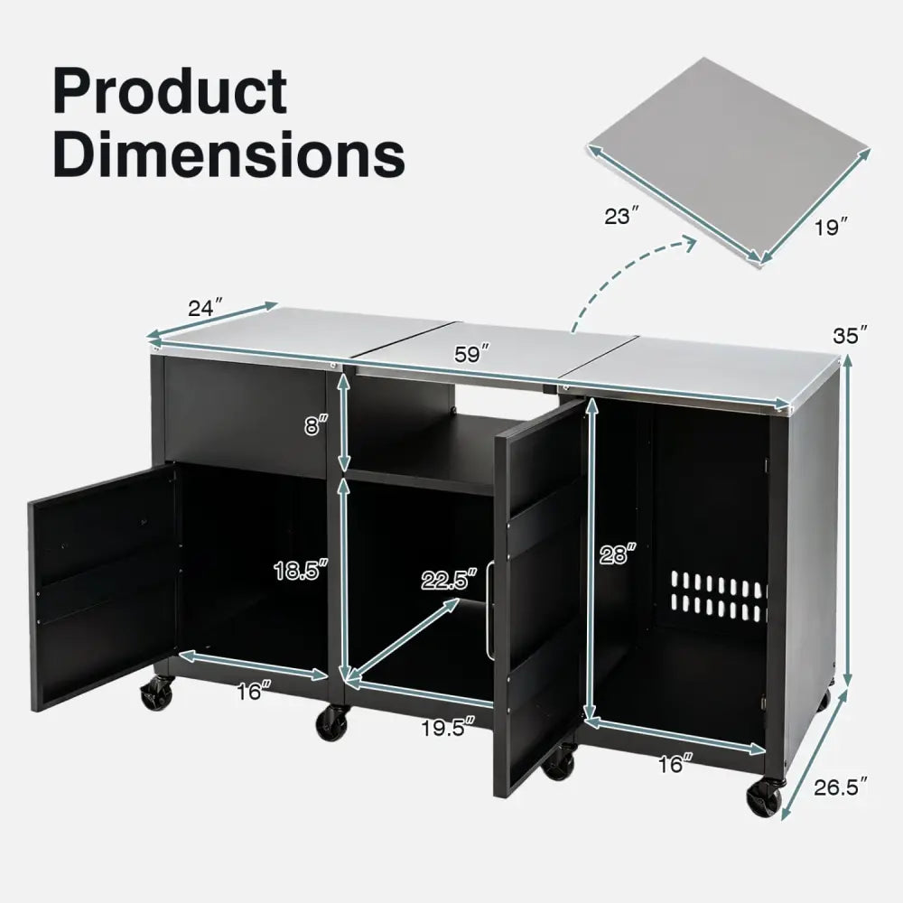 59’’ Outdoor Grill Table with 2 Removable Shelves and Stainless Steel Top-Black - Black - Outdoor Grills