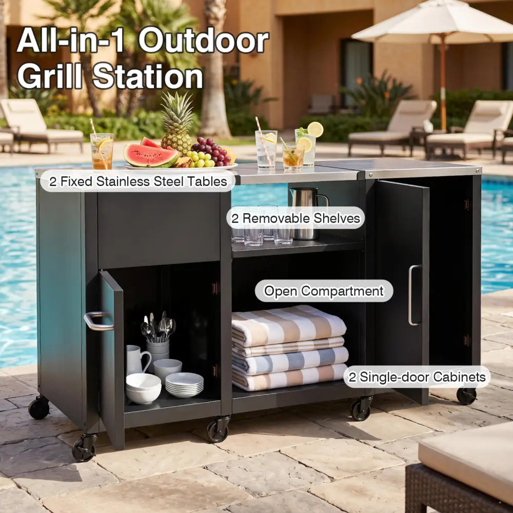 59’’ Outdoor Grill Table with 2 Removable Shelves and Stainless Steel Top-Black - Black - Outdoor Grills