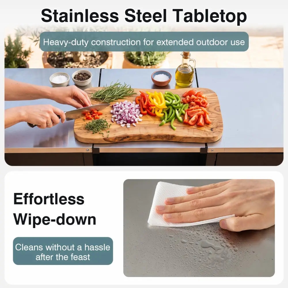 59’’ Outdoor Grill Table with 2 Removable Shelves and Stainless Steel Top-Black - Black - Outdoor Grills