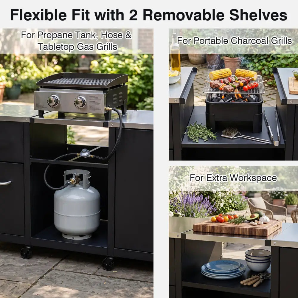 59’’ Outdoor Grill Table with 2 Removable Shelves and Stainless Steel Top-Black - Black - Outdoor Grills