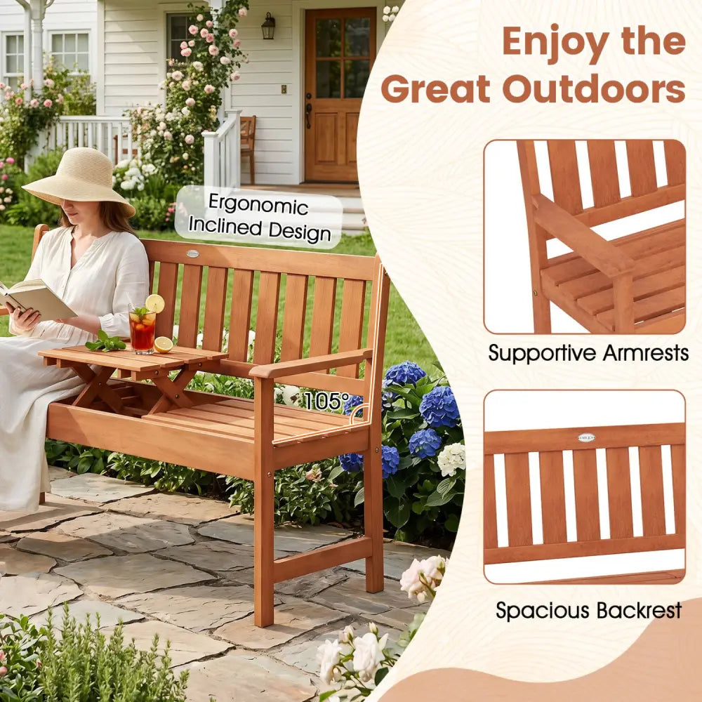 59’’ Outdoor Wood Garden Bench with Pull-Out Center Table - Outdoor Benches
