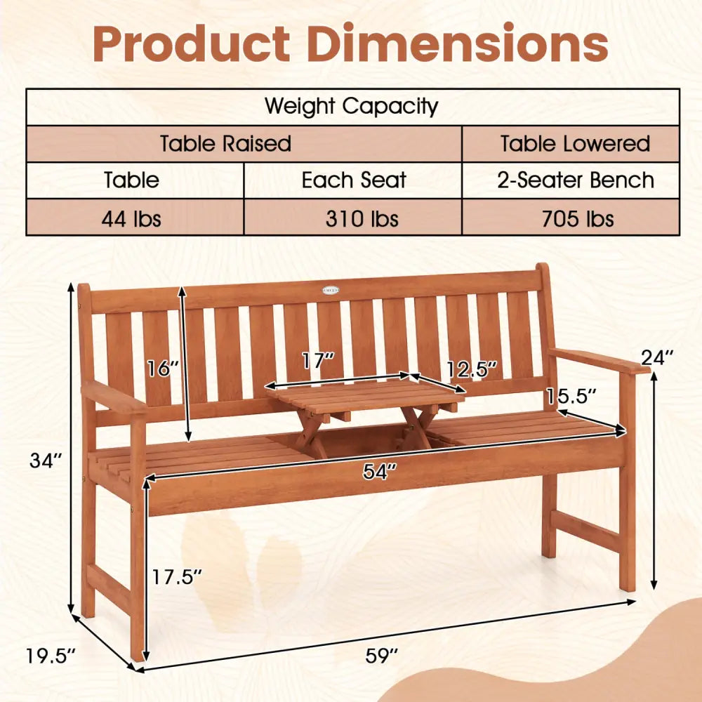 59’’ Outdoor Wood Garden Bench with Pull-Out Center Table - Outdoor Benches