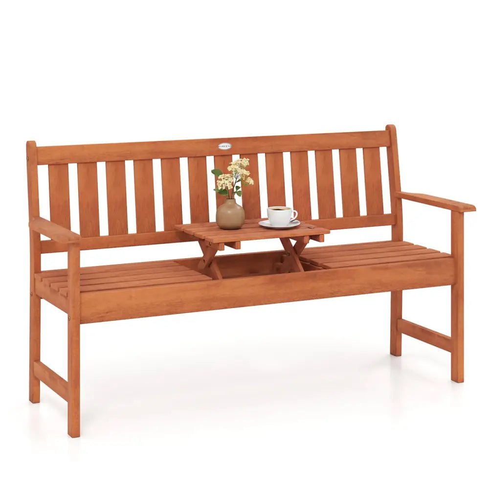 59’’ Outdoor Wood Garden Bench with Pull-Out Center Table - Outdoor Benches