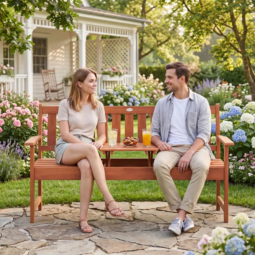 59’’ Outdoor Wood Garden Bench with Pull-Out Center Table - Outdoor Benches