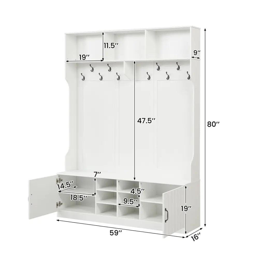 59’’ Wide 6-in-1 Hall Tree with Bench and Storage-White - White - Coat Racks & Hall Trees