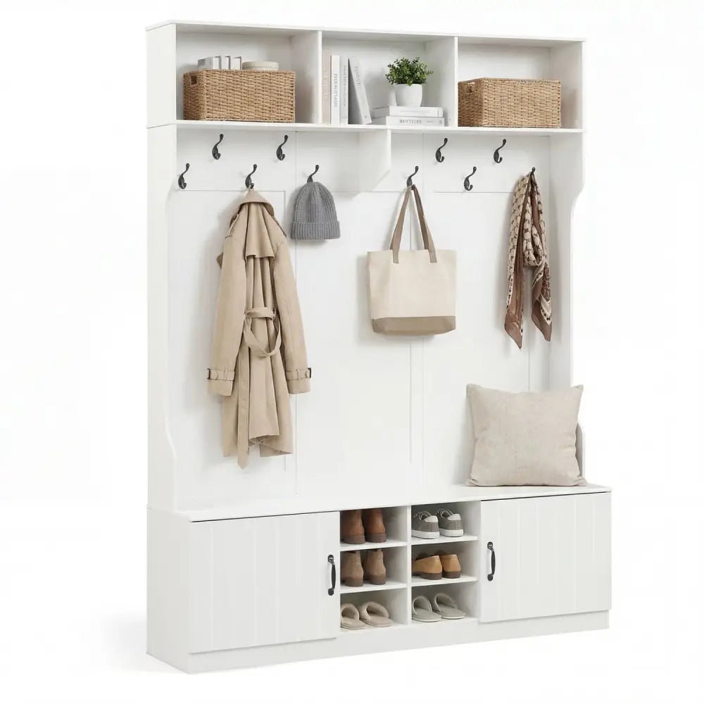 59’’ Wide 6-in-1 Hall Tree with Bench and Storage-White - White - Coat Racks & Hall Trees