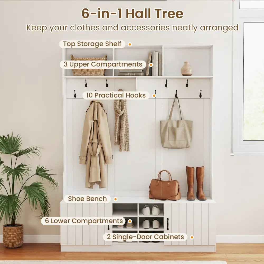 59’’ Wide 6-in-1 Hall Tree with Bench and Storage-White - White - Coat Racks & Hall Trees