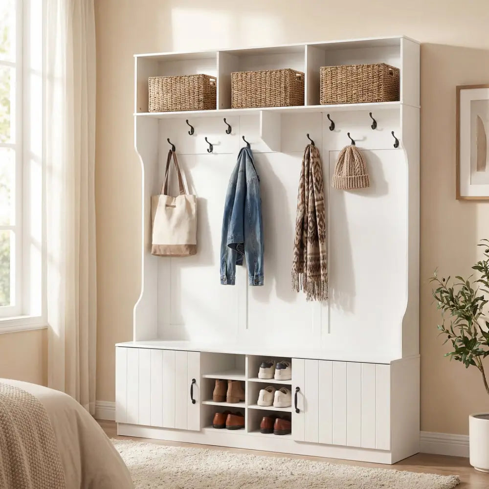 59’’ Wide 6-in-1 Hall Tree with Bench and Storage-White - White - Coat Racks & Hall Trees