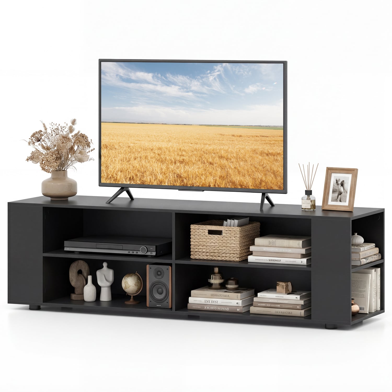 59 Inch Console Storage Entertainment Media Wood TV Stand-Black