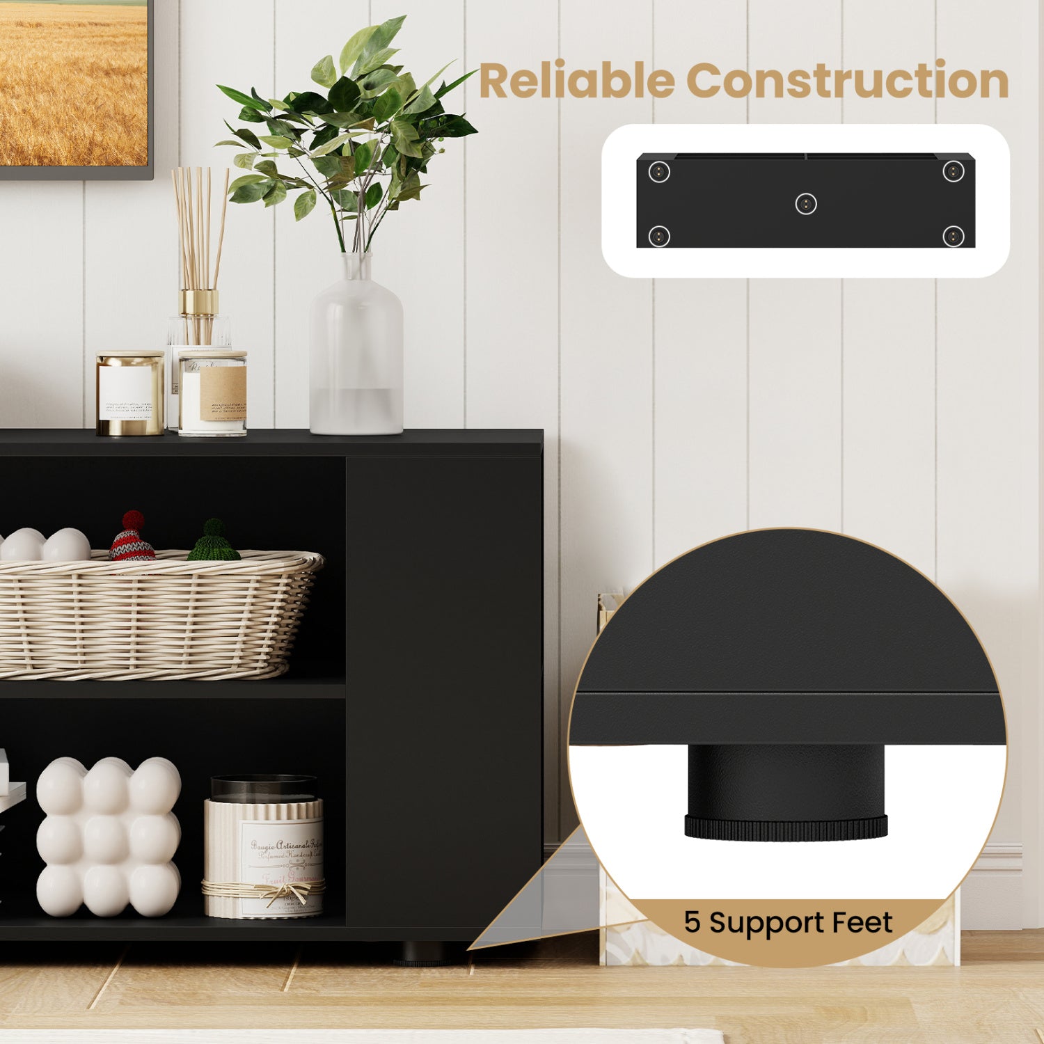 59 Inch Console Storage Entertainment Media Wood TV Stand-Black