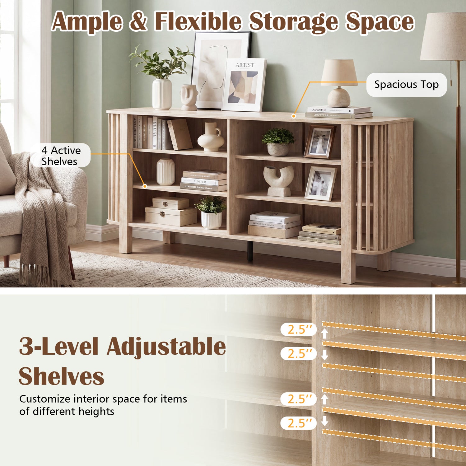 59 Inch TV Stand for TVs Up to 55 Inches with Adjustable Shelves-Natural
