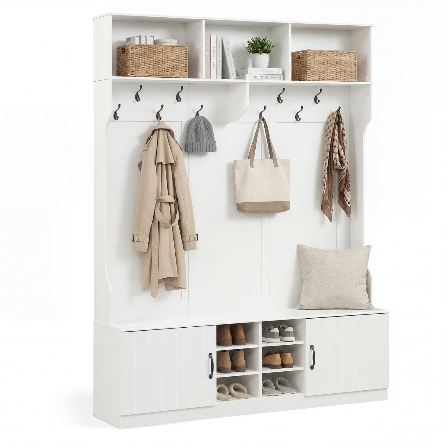 59" Wide 6-in-1 Hall Tree with Bench and Storage-White