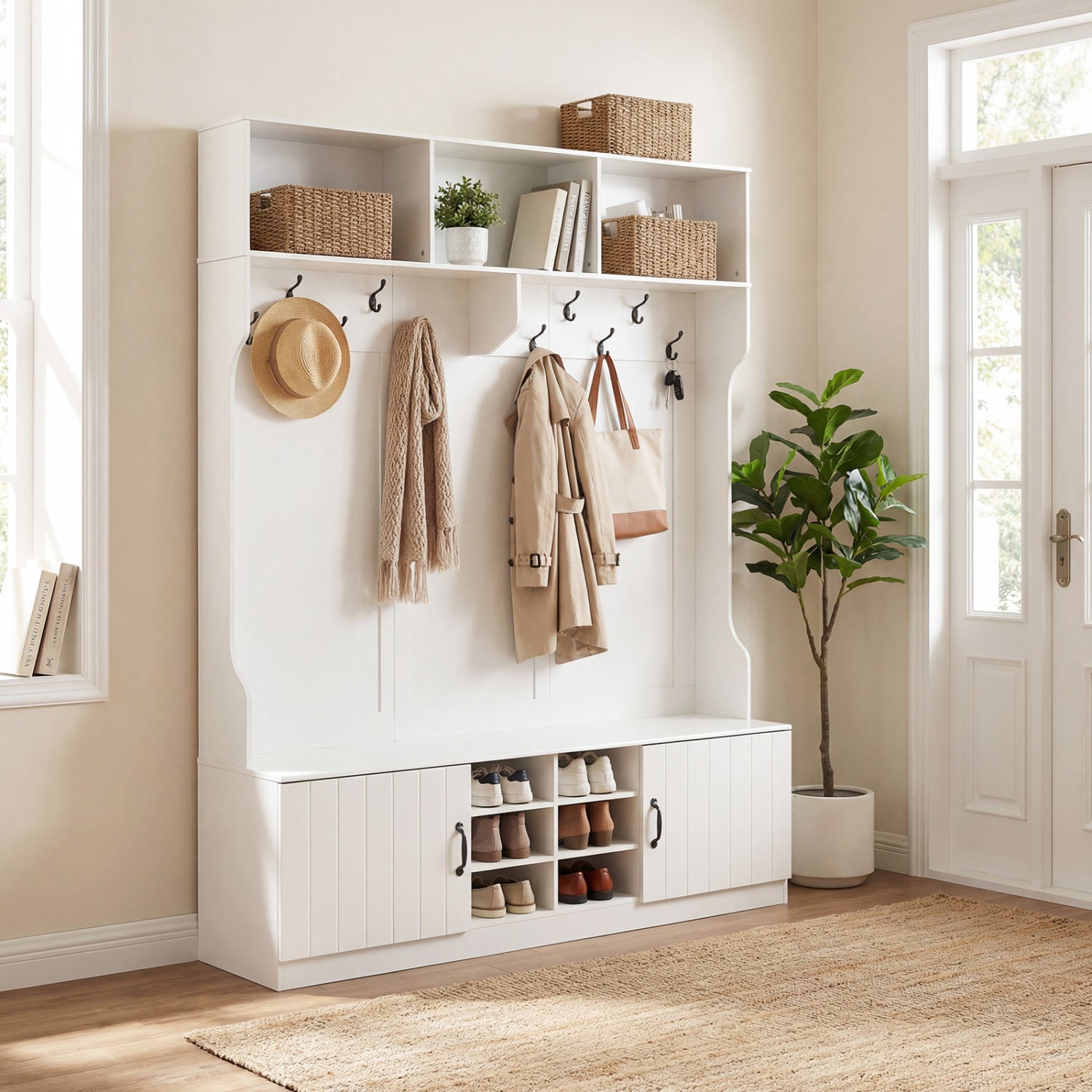 59" Wide 6-in-1 Hall Tree with Bench and Storage-White