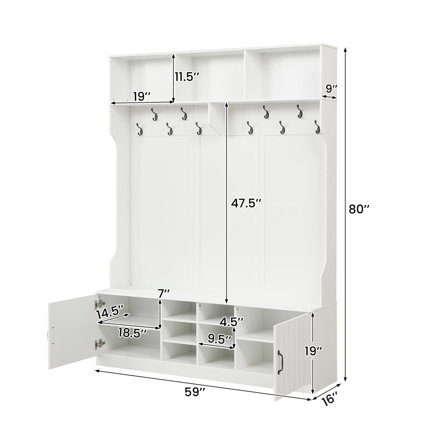 59" Wide 6-in-1 Hall Tree with Bench and Storage-White