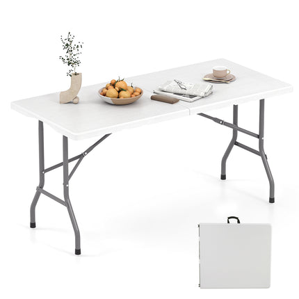 5FT Folding Picnic Table with Wood Grain HDPE Tabletop and  Non-slip Foot Pads-White