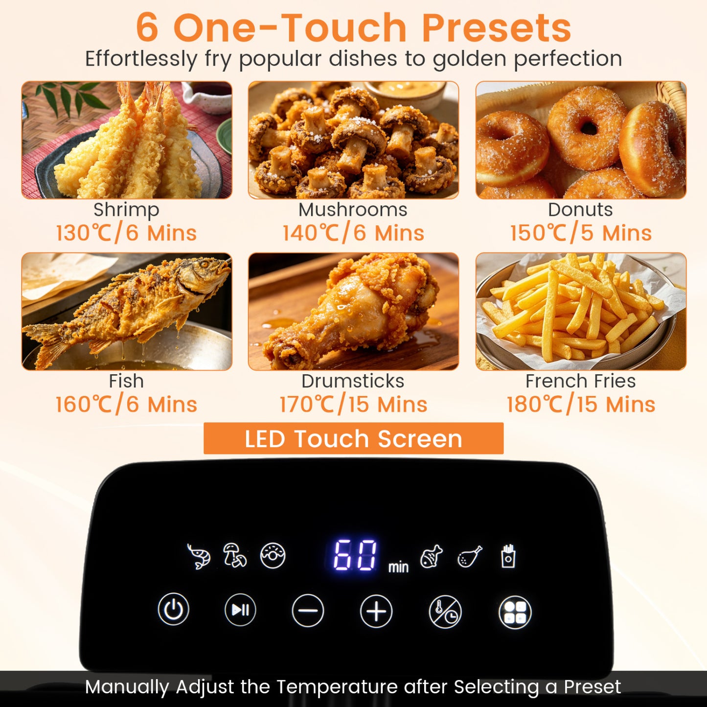 5.3-Qt Electric Deep Fryer with 3 Baskets 1700W LED Touch Screen and 6 Presets-Black