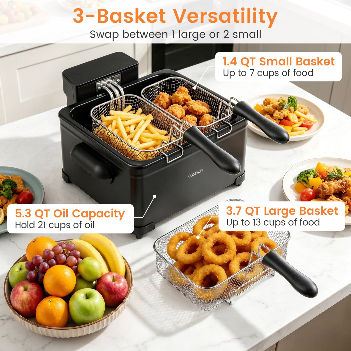 5.3-Qt Electric Deep Fryer with 3 Baskets 1700W LED Touch Screen and 6 Presets-Black