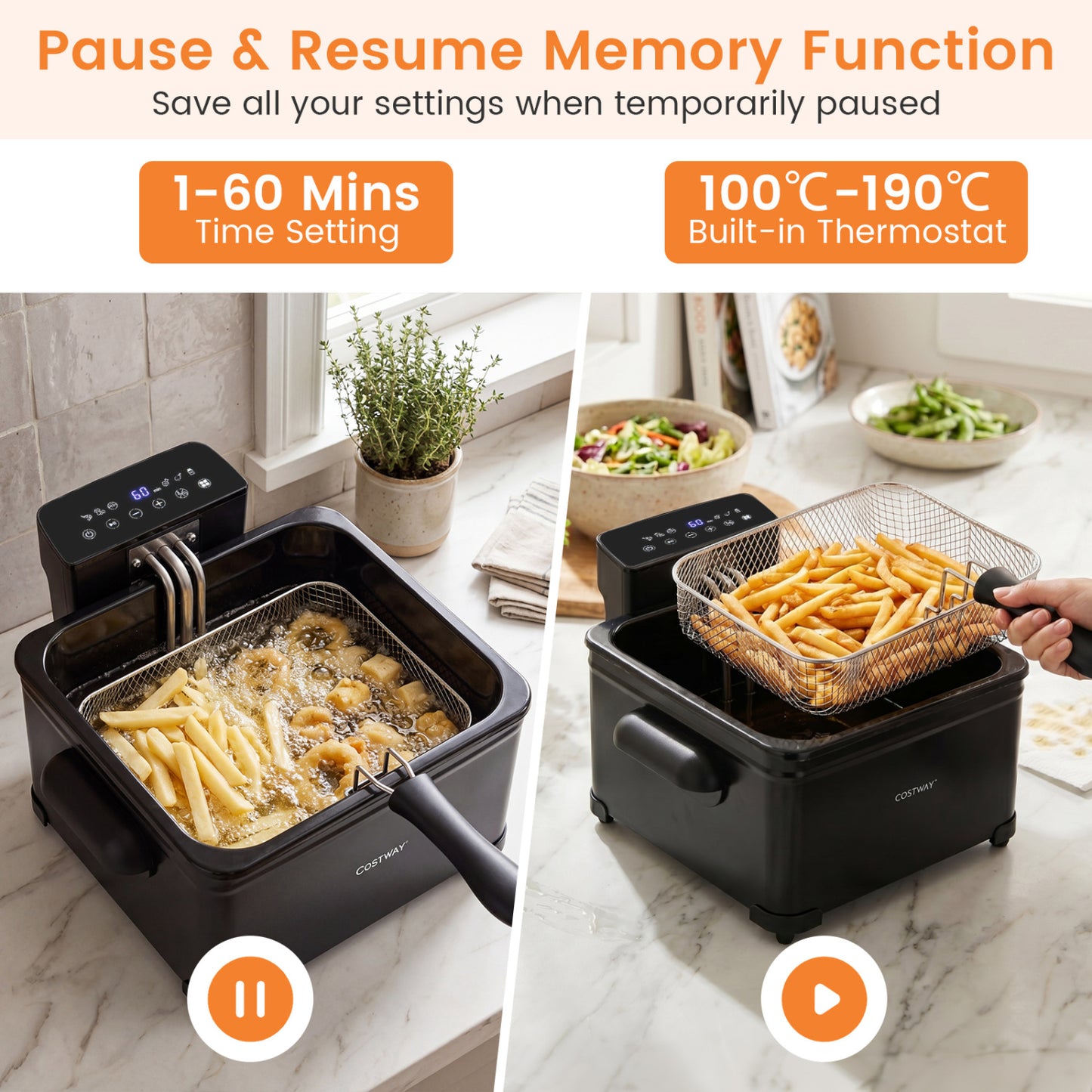 5.3-Qt Electric Deep Fryer with 3 Baskets 1700W LED Touch Screen and 6 Presets-Black