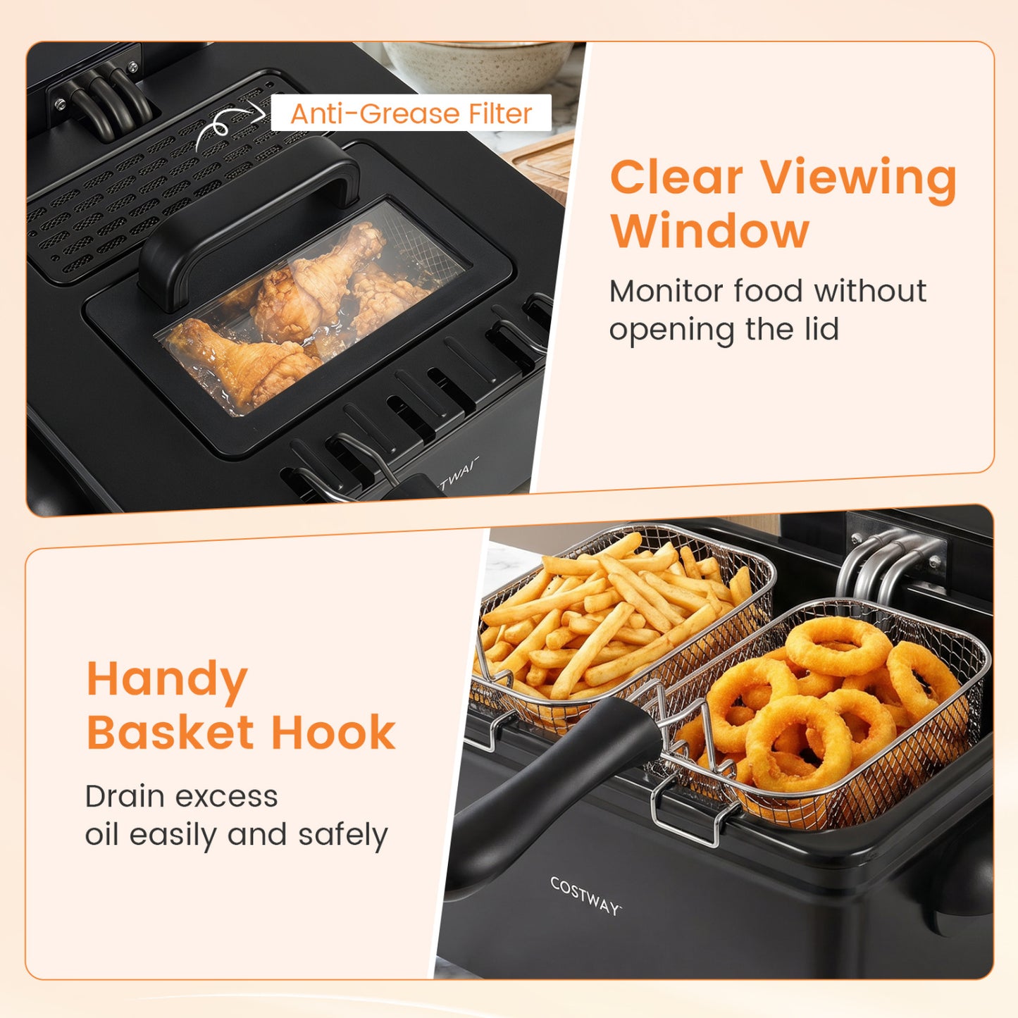 5.3-Qt Electric Deep Fryer with 3 Baskets 1700W LED Touch Screen and 6 Presets-Black