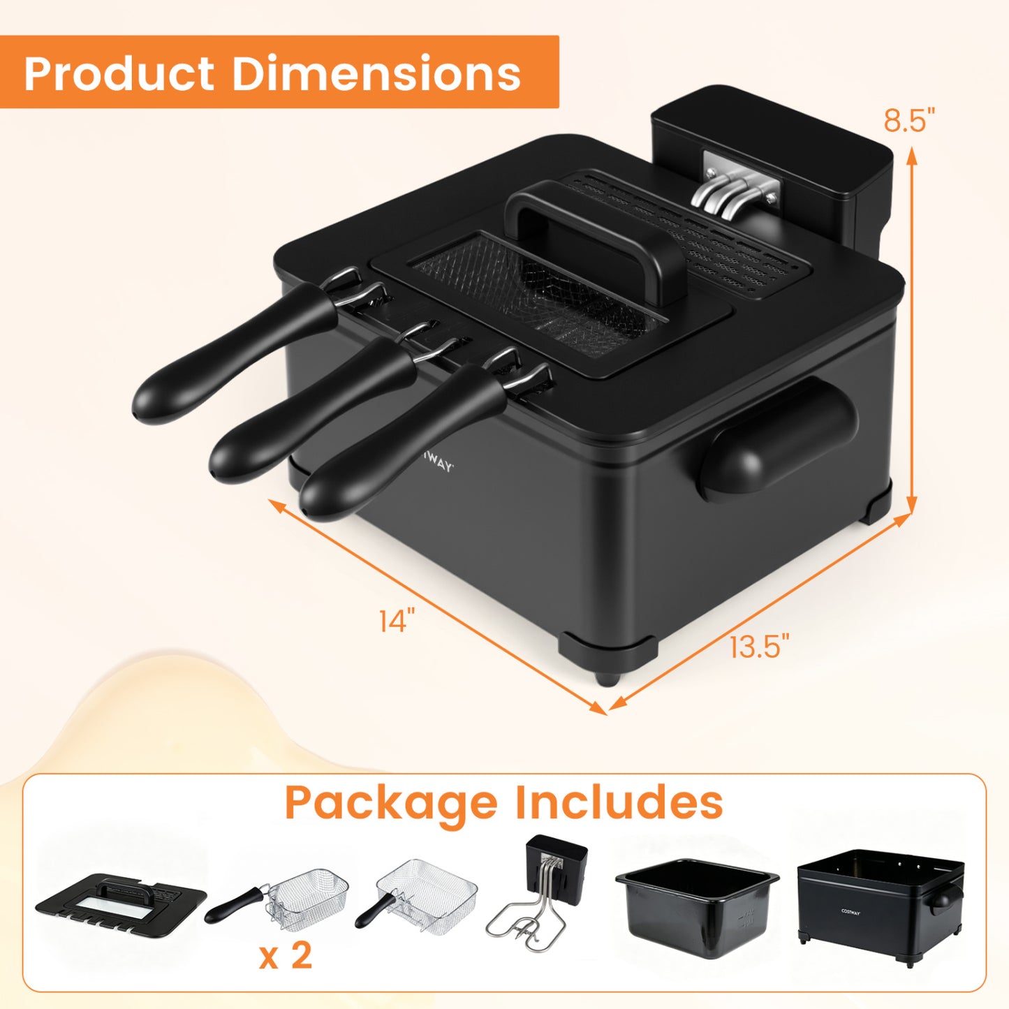 5.3-Qt Electric Deep Fryer with 3 Baskets 1700W LED Touch Screen and 6 Presets-Black