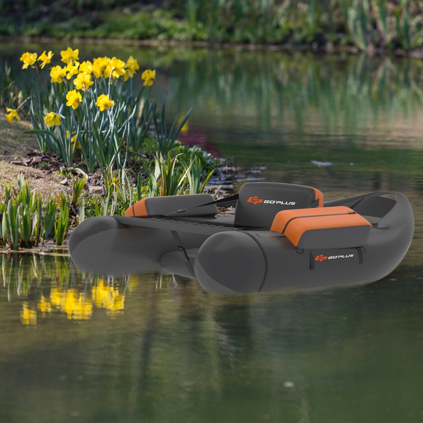 Inflatable Fishing Float Tube with Pump Storage Pockets and Fish Ruler-Gray