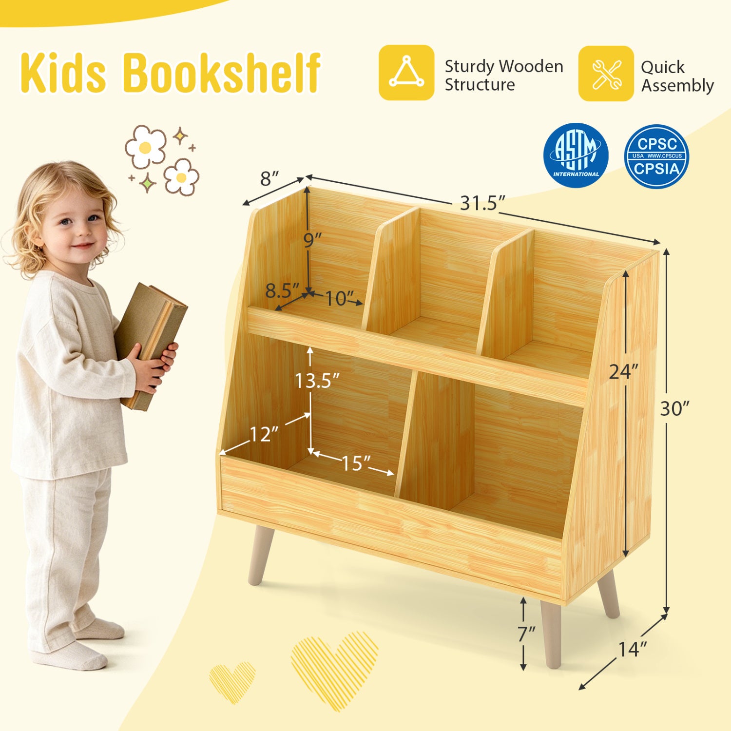 5-Cube Kids Bookshelf and Toy Organizer with Anti-Tipping Kits-Oak