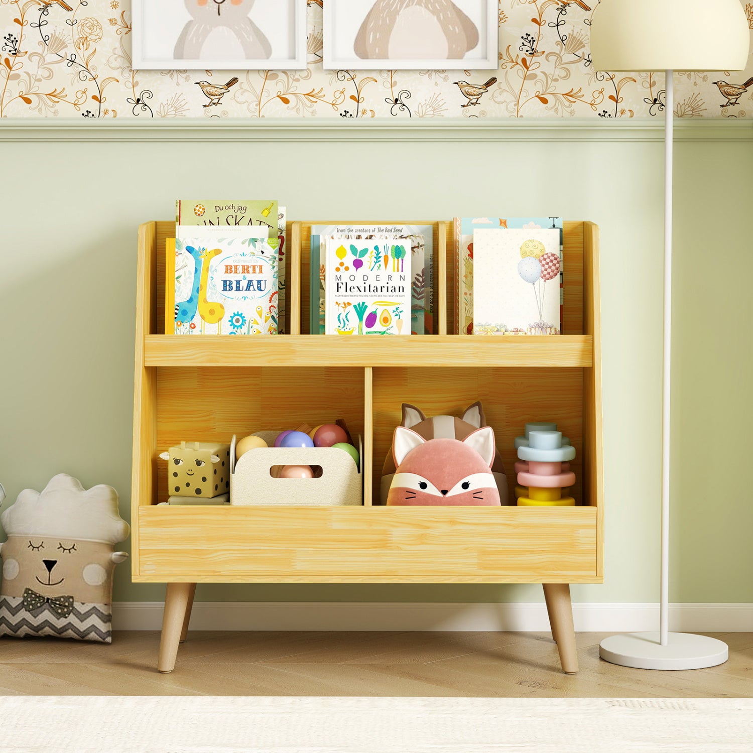 5-Cube Kids Bookshelf and Toy Organizer with Anti-Tipping Kits-Oak
