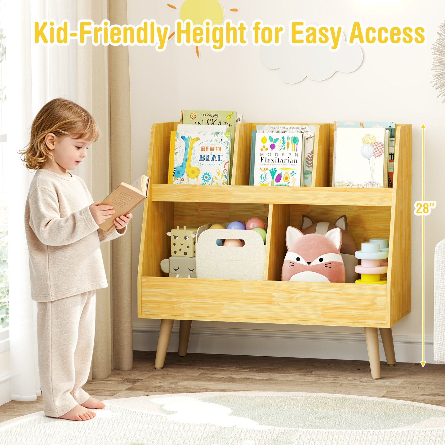 5-Cube Kids Bookshelf and Toy Organizer with Anti-Tipping Kits-Oak