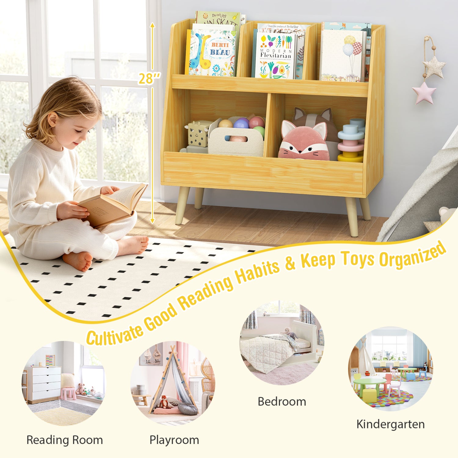 5-Cube Kids Bookshelf and Toy Organizer with Anti-Tipping Kits-Oak