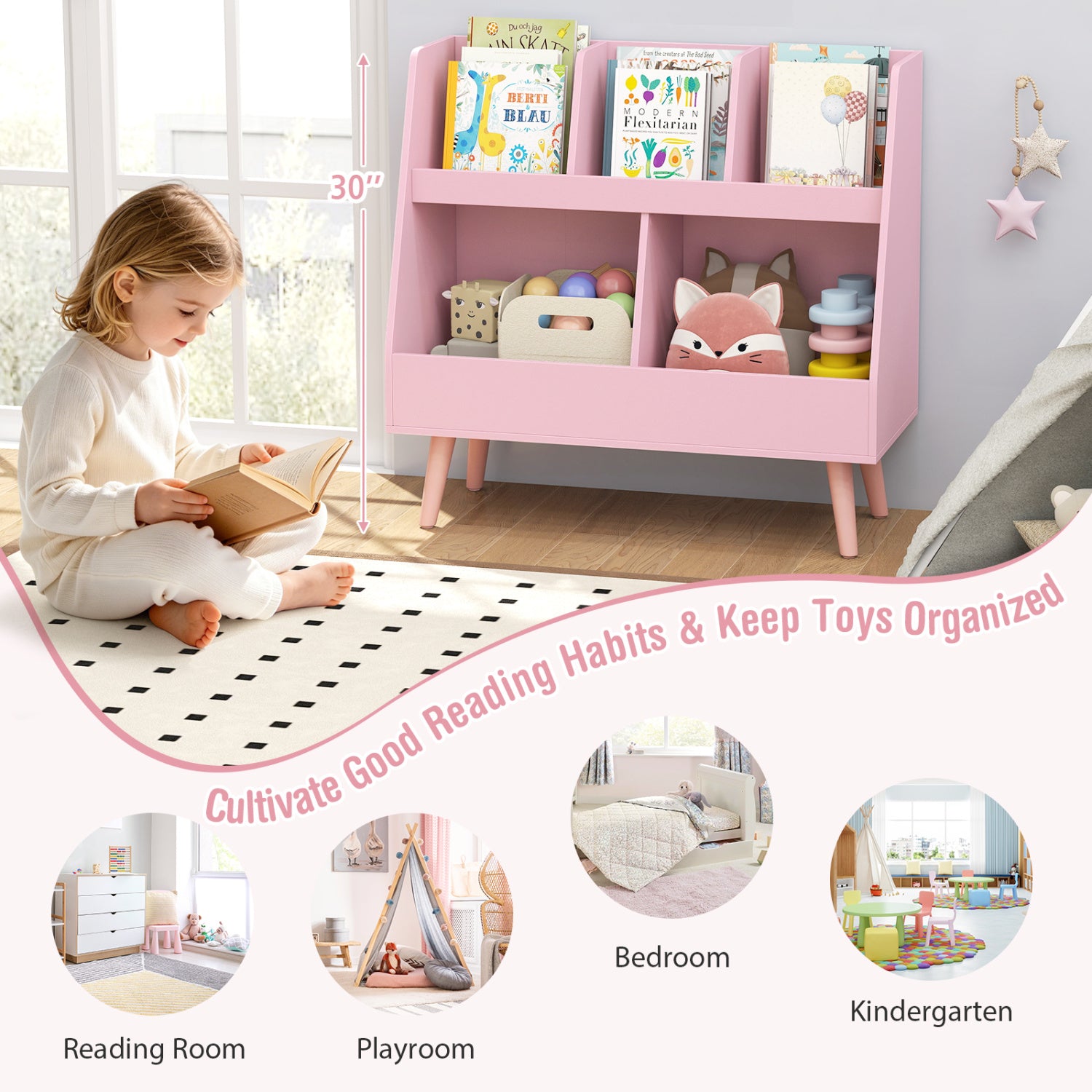 5-Cube Kids Bookshelf and Toy Organizer with Anti-Tipping Kits-Pink