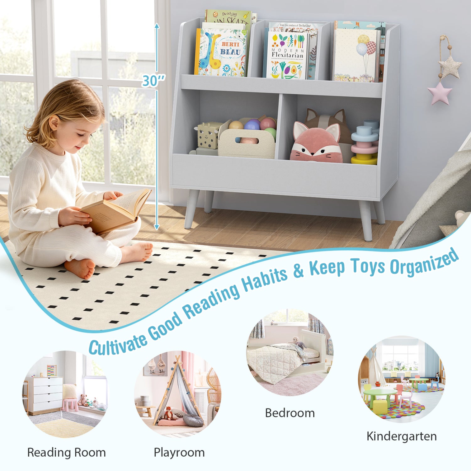5-Cube Kids Bookshelf and Toy Organizer with Anti-Tipping Kits-Light Gray