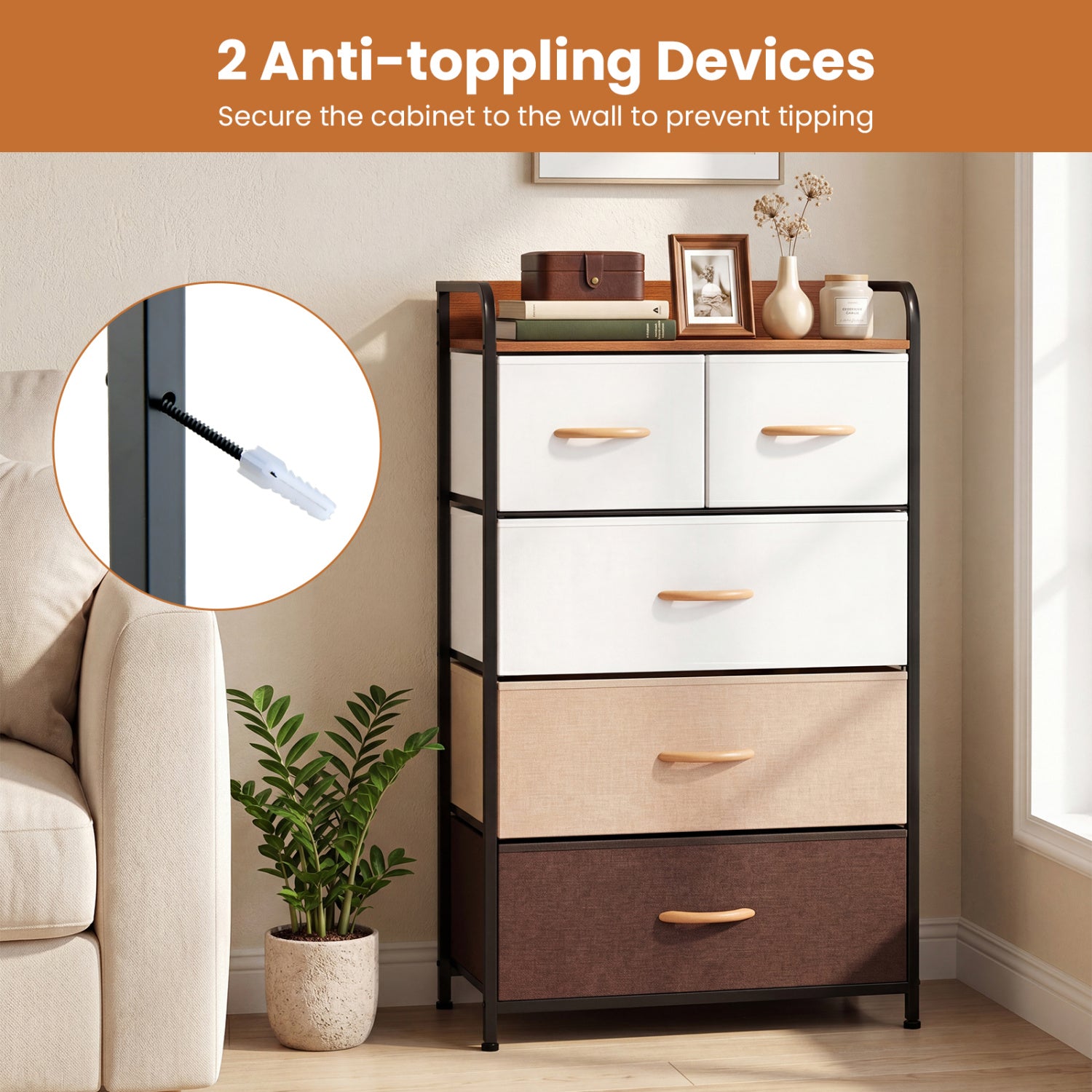 5-Drawer Fabric Dresser with Removable Fabric Bins-Multicolor
