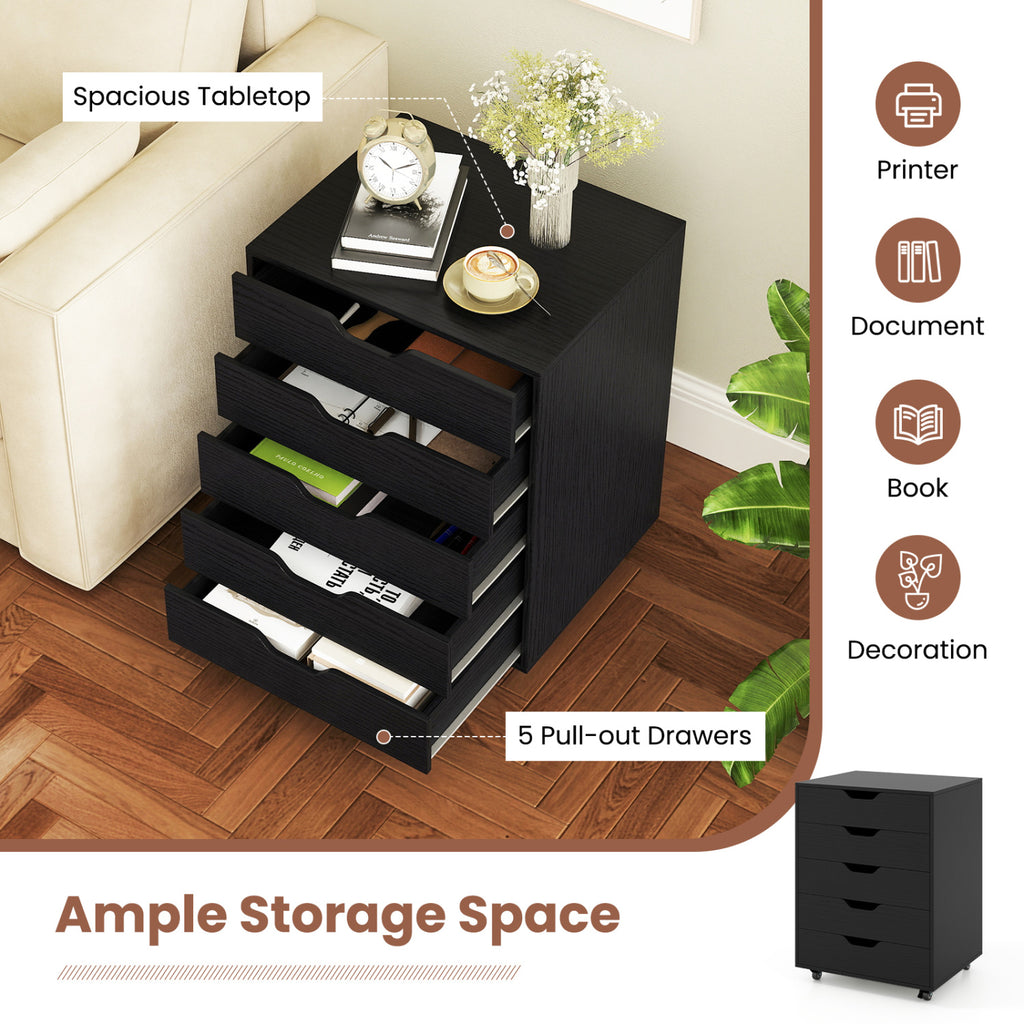 5 Drawer Mobile File Cabinet with Wheels for Living Room-Black