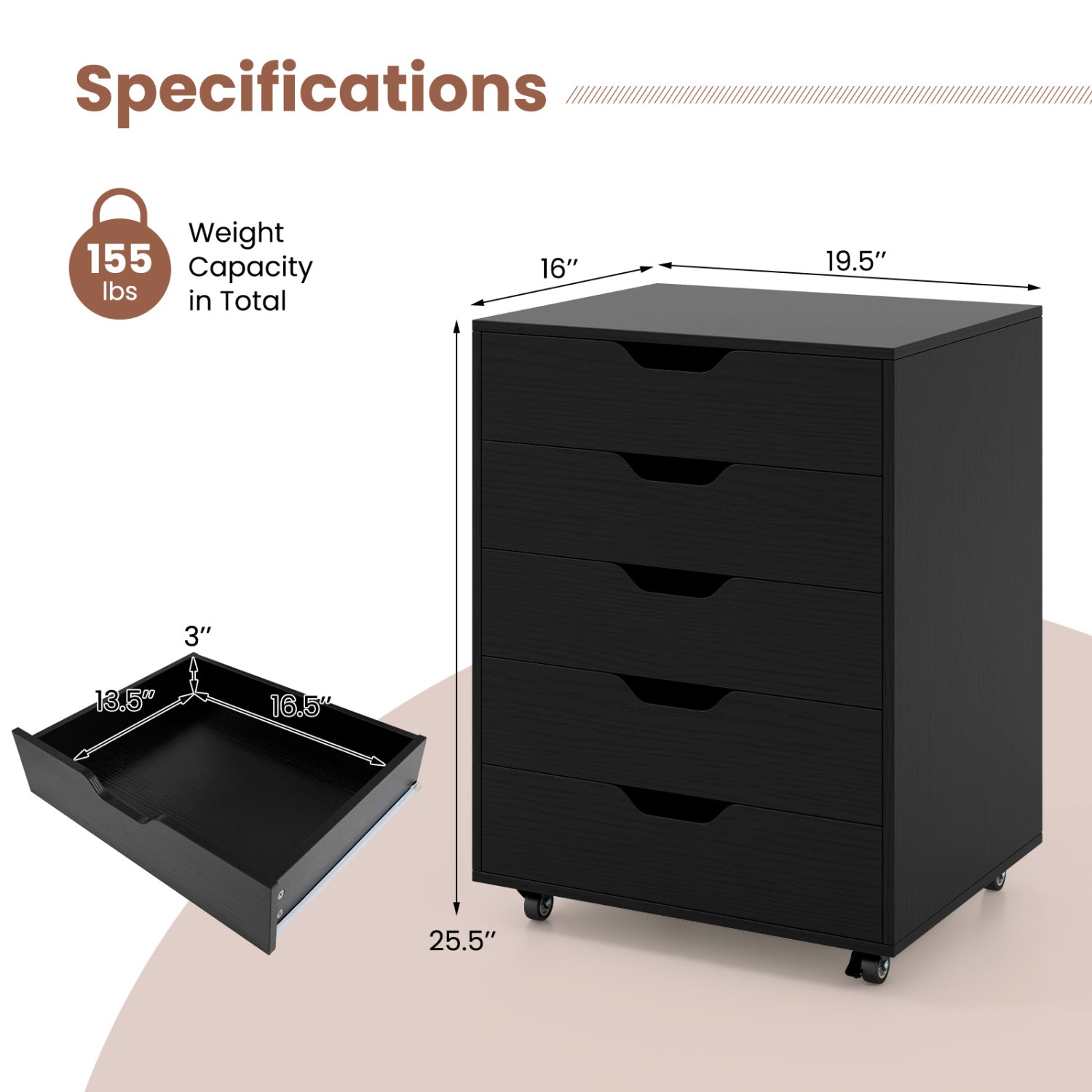 5 Drawer Mobile File Cabinet with Wheels for Living Room-Black