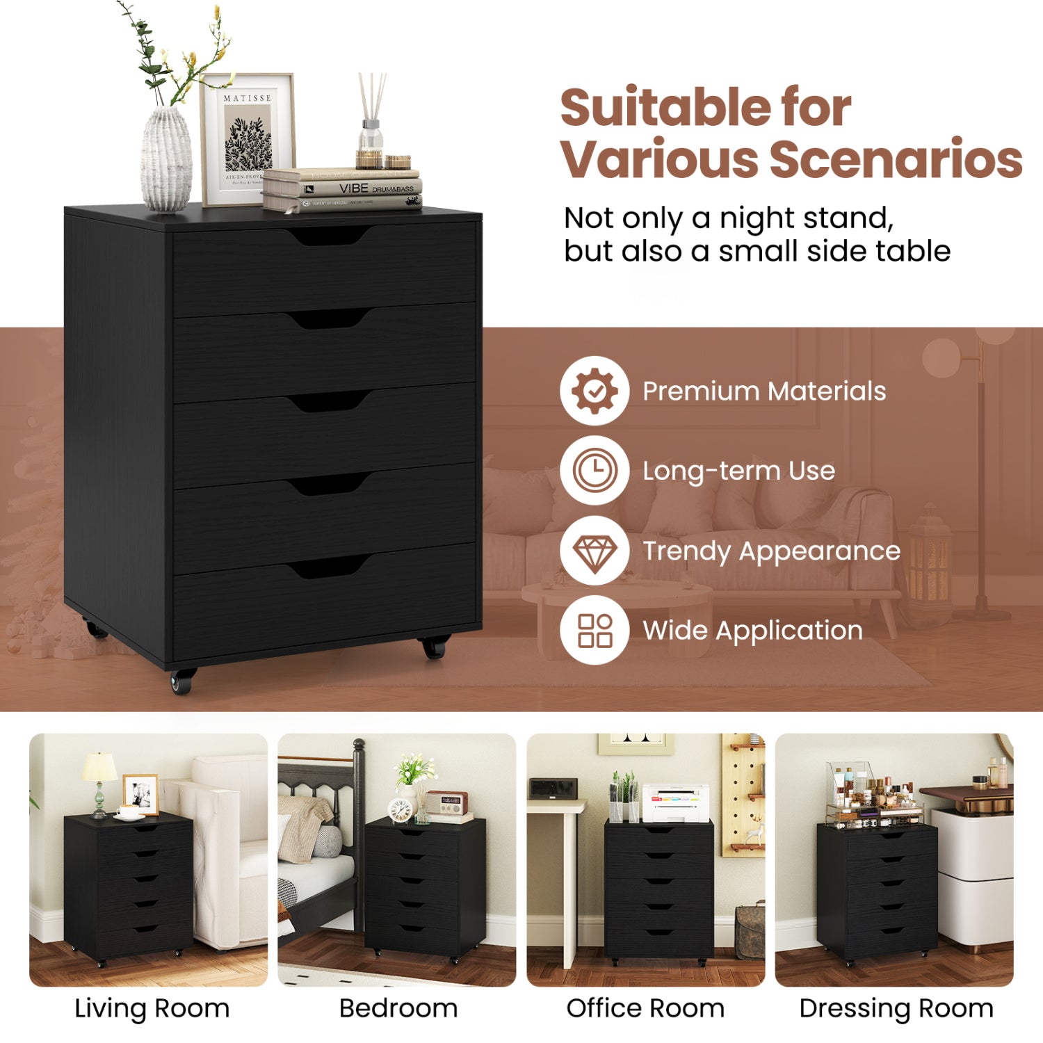5 Drawer Mobile File Cabinet with Wheels for Living Room-Black